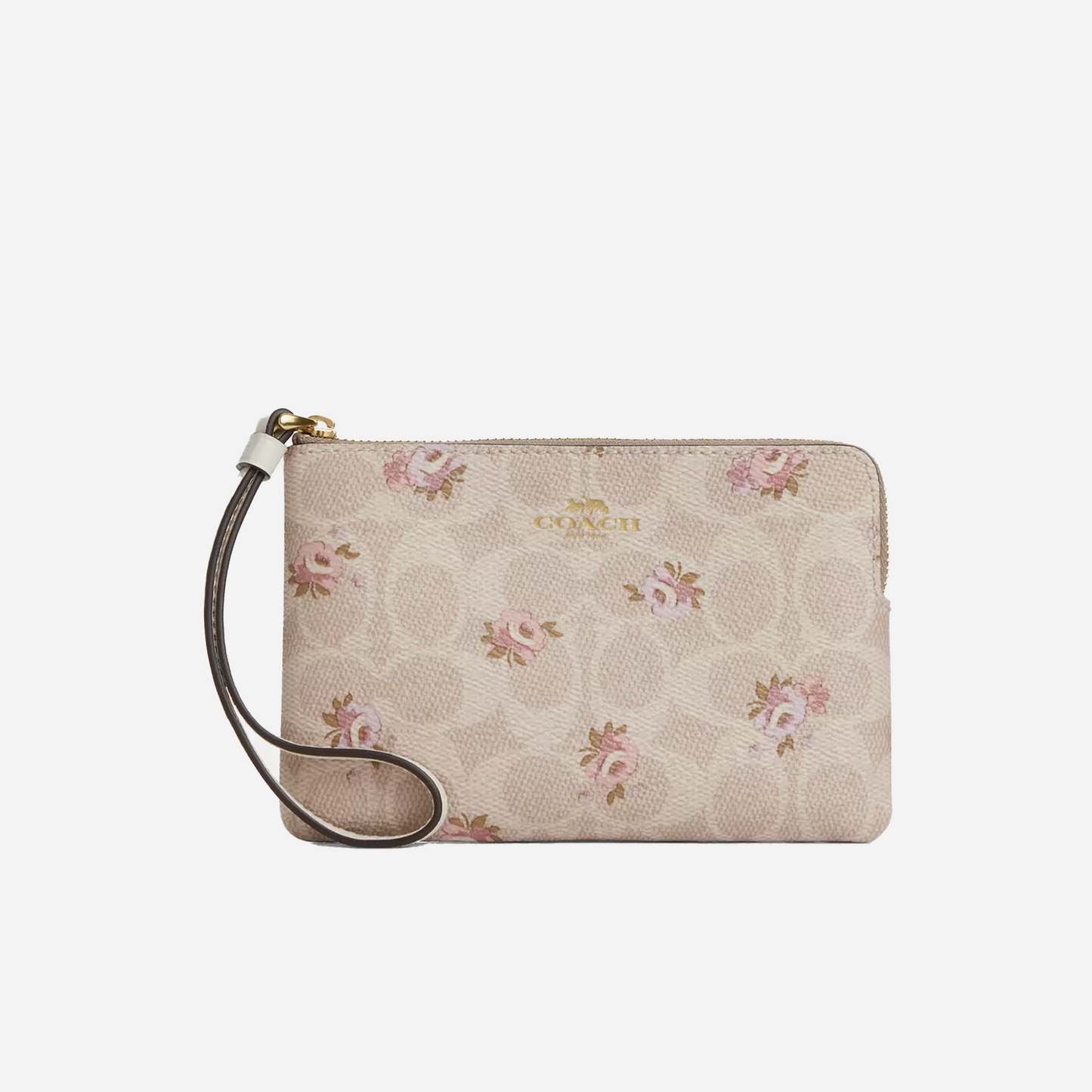 COACH Corner Zip Wristlet In Signature Canvas With Floral Print Gold/Sand Multi