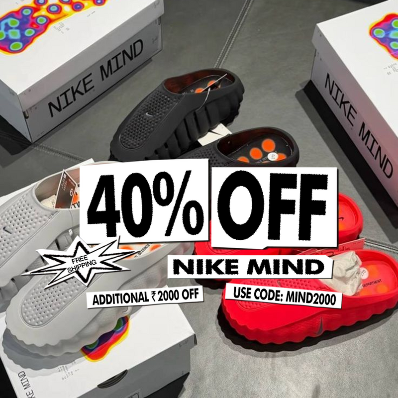 Nike Mind platform shoes displayed with their white shoeboxes on a gray floor, featuring a large '40% OFF' promotional overlay.