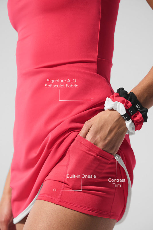 Alo Softsculpt Halter Tennis Dress - Candy Red/White