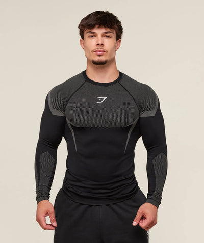 GYMSHARK Onyx 5.0 Seamless Long Sleeve T-shirt Black/Light Grey — GYMSHARK S | Authentic India