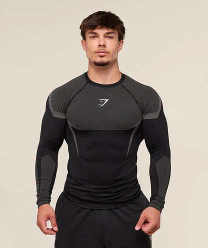 GYMSHARK Onyx 5.0 Seamless Long Sleeve T-shirt Black/Light Grey — GYMSHARK S | Authentic India