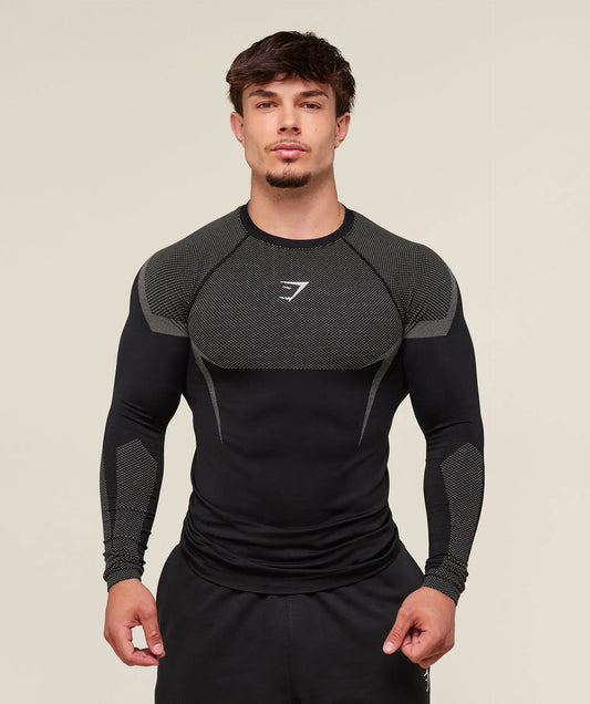GYMSHARK Onyx 5.0 Seamless Long Sleeve T-shirt Black/Light Grey — GYMSHARK S | Authentic India