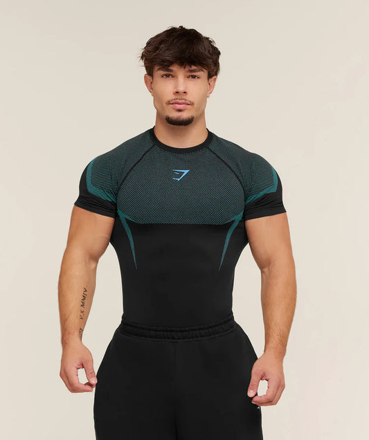 GYMSHARK Onyx 5.0 Seamless T-Shirt - Black/Brand Blue