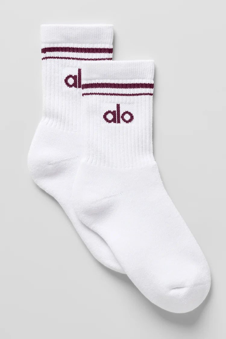 ALO Unisex Half-Crew Throwback Sock -   White/Burgundy