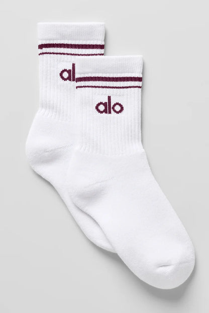 ALO Unisex Half-Crew Throwback Sock -   White/Burgundy