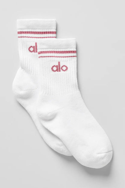 ALO Unisex Half-Crew Throwback Sock -  WhitePink Wild Rose