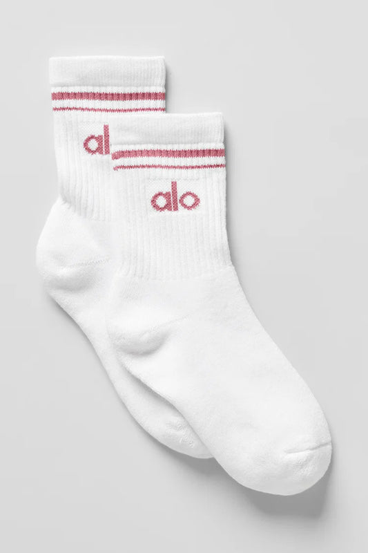 ALO Unisex Half-Crew Throwback Sock -  WhitePink Wild Rose