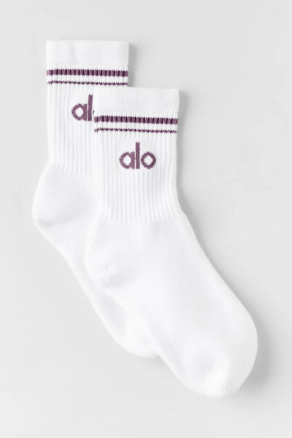 ALO Unisex Half-Crew Throwback Sock -   White/Plum Kiss