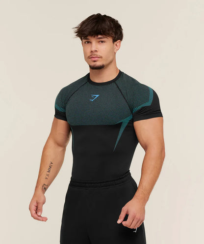 GYMSHARK Onyx 5.0 Seamless T-Shirt - Black/Brand Blue