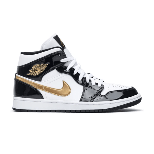 Jordan 1 Mid Patent Black White Gold