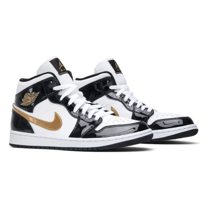 Jordan 1 Mid Patent Black White Gold