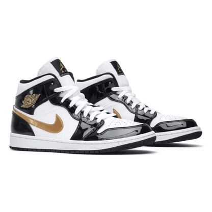 Jordan 1 Mid Patent Black White Gold