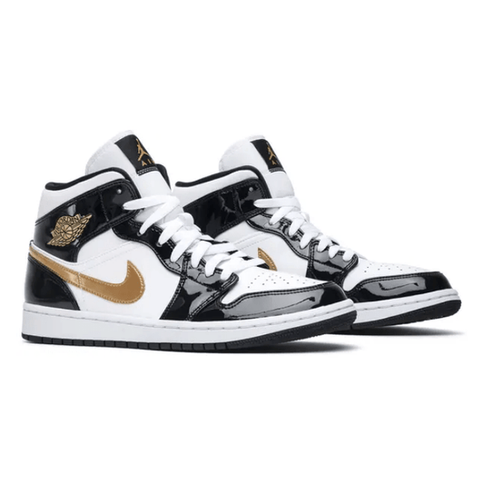 Jordan 1 Mid Patent Black White Gold