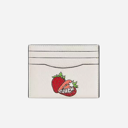 COACH Slim Id Card Case With Strawberry Graphic Gold/Chalk Multi