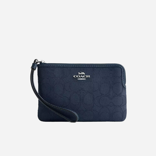 COACH Corner Zip Wristlet In Signature Jacquard Silver/Denim/Dark Denim