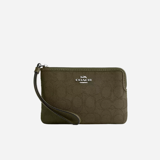 COACH Corner Zip Wristlet In Signature Jacquard Silver/Olive Drab/Olive Drab