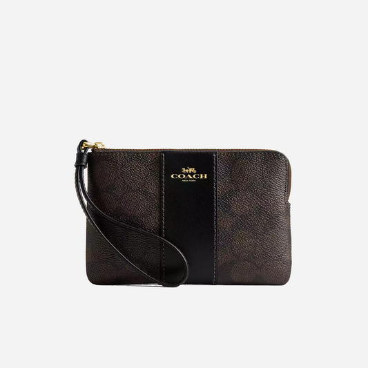 COACH Corner Zip Wristlet In Signature Canvas With Stripe Gold/Walnut/Black