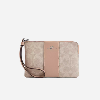 COACH Corner Zip Wristlet In Signature Canvas With Stripe Silver/Sand/Taupe