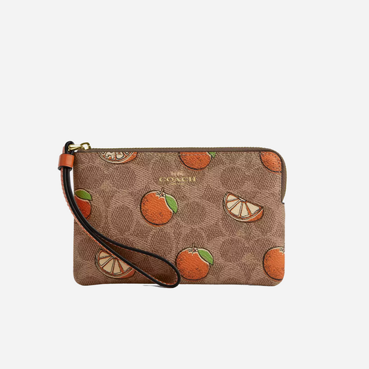 COACH Corner Zip Wristlet In Signature Canvas With Orange Print Gold/Tan Multi