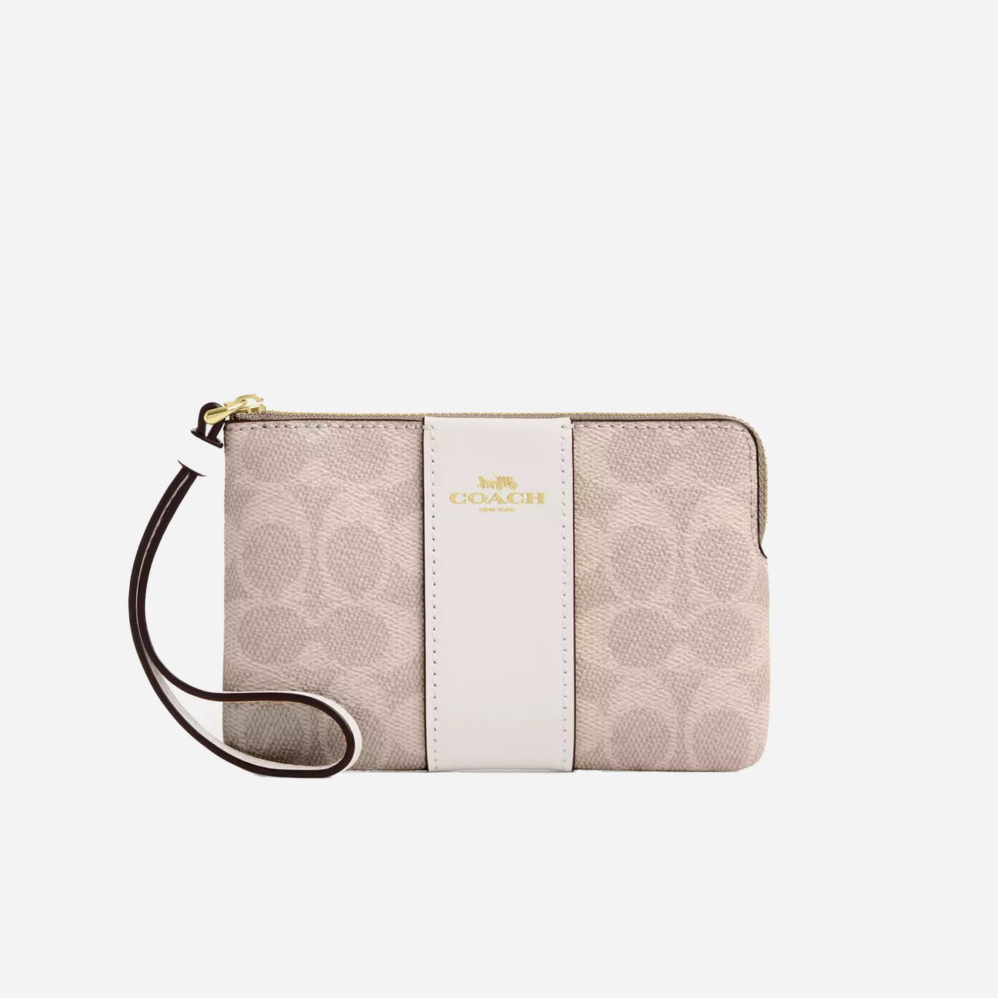COACH Corner Zip Wristlet In Signature Canvas With Stripe Gold/Sand/Chalk