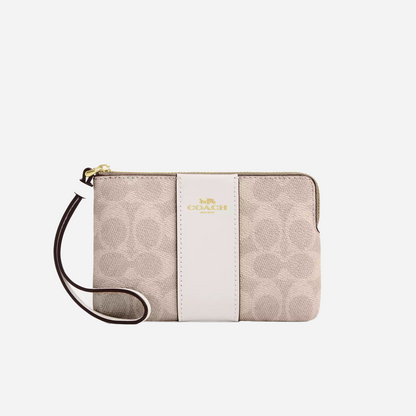 COACH Corner Zip Wristlet In Signature Canvas With Stripe Gold/Sand/Chalk