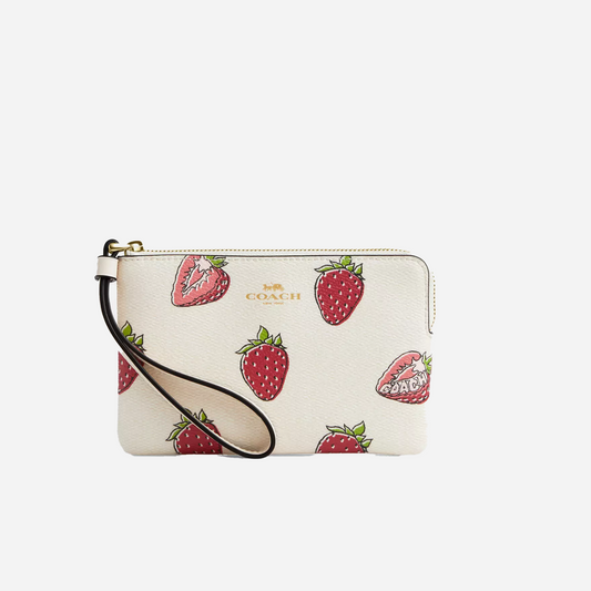 COACH Corner Zip Wristlet With Strawberry Print Gold/Chalk Multi