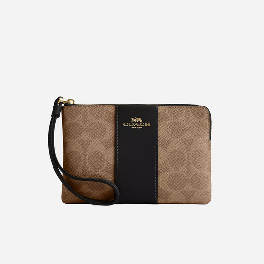 COACH Corner Zip Wristlet In Signature Canvas With Stripe Gold/Tan/Black