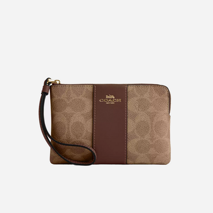COACH Corner Zip Wristlet In Signature Canvas With Stripe Gold/Tan/Brown