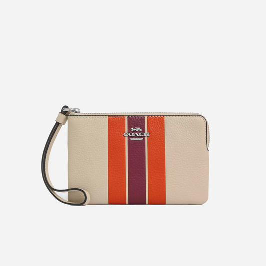 COACH Corner Zip Wristlet With Stripe Silver/Ivory Multi
