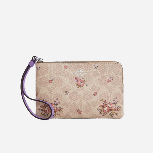 COACH Corner Zip Wristlet In Signature Canvas With Floral Print Silver/Sand Multi