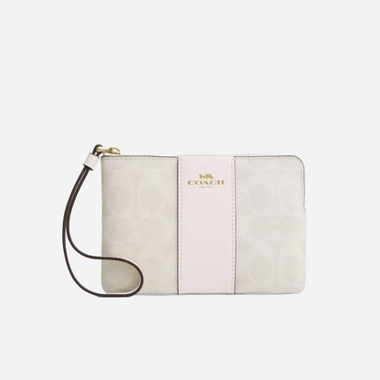 COACH Corner Zip Wristlet In Signature Canvas With Stripe Gold/White/Chalk