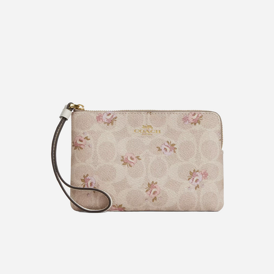 COACH Corner Zip Wristlet In Signature Canvas With Floral Print Gold/Sand Multi