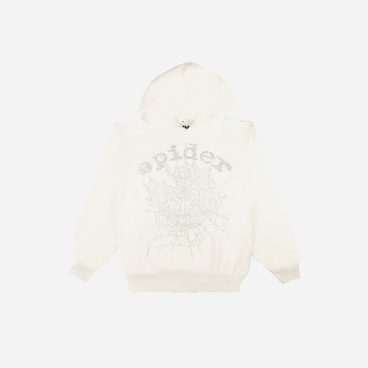 Sp5der OG Rhinestone Logo Hoodie White