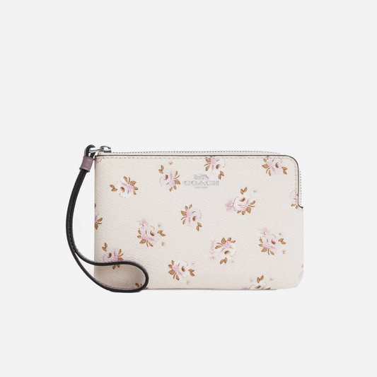 COACH Corner Zip Wristlet Floral Print Silver/Chalk Multi