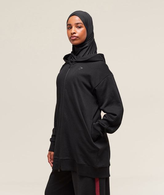 Women's Gymshark Covered Longline Zip Up Hoodie Black — Gymshark | Authentic India