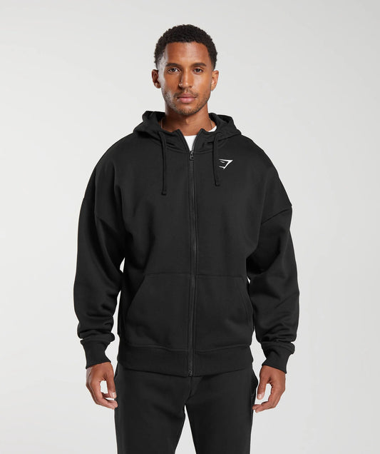 GYMSHARK Crest Oversized Zip Up Hoodie Black — Gymshark | Authentic India