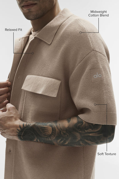 Sports Club Sweater Knit Short Sleeve Button Up - Gravel