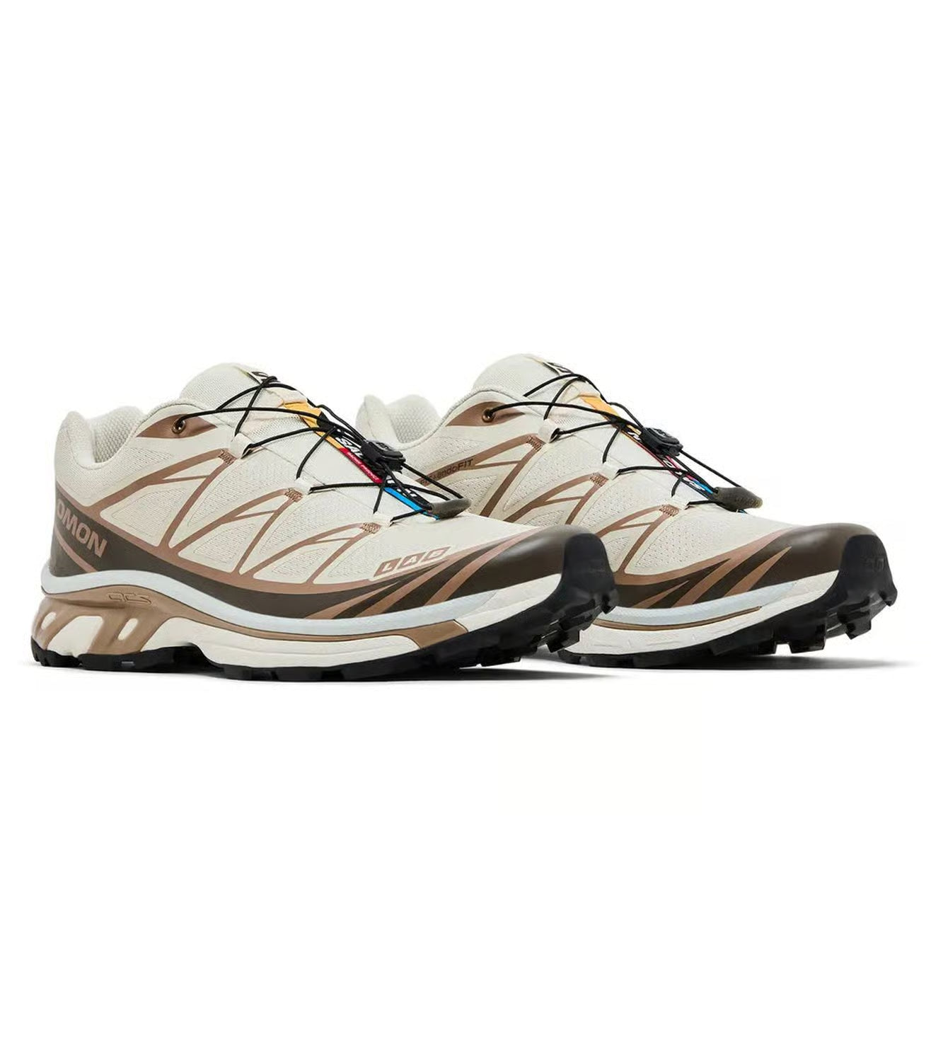 Salomon XT-6 sneakers featuring a creamy vanilla and earth-tone upper