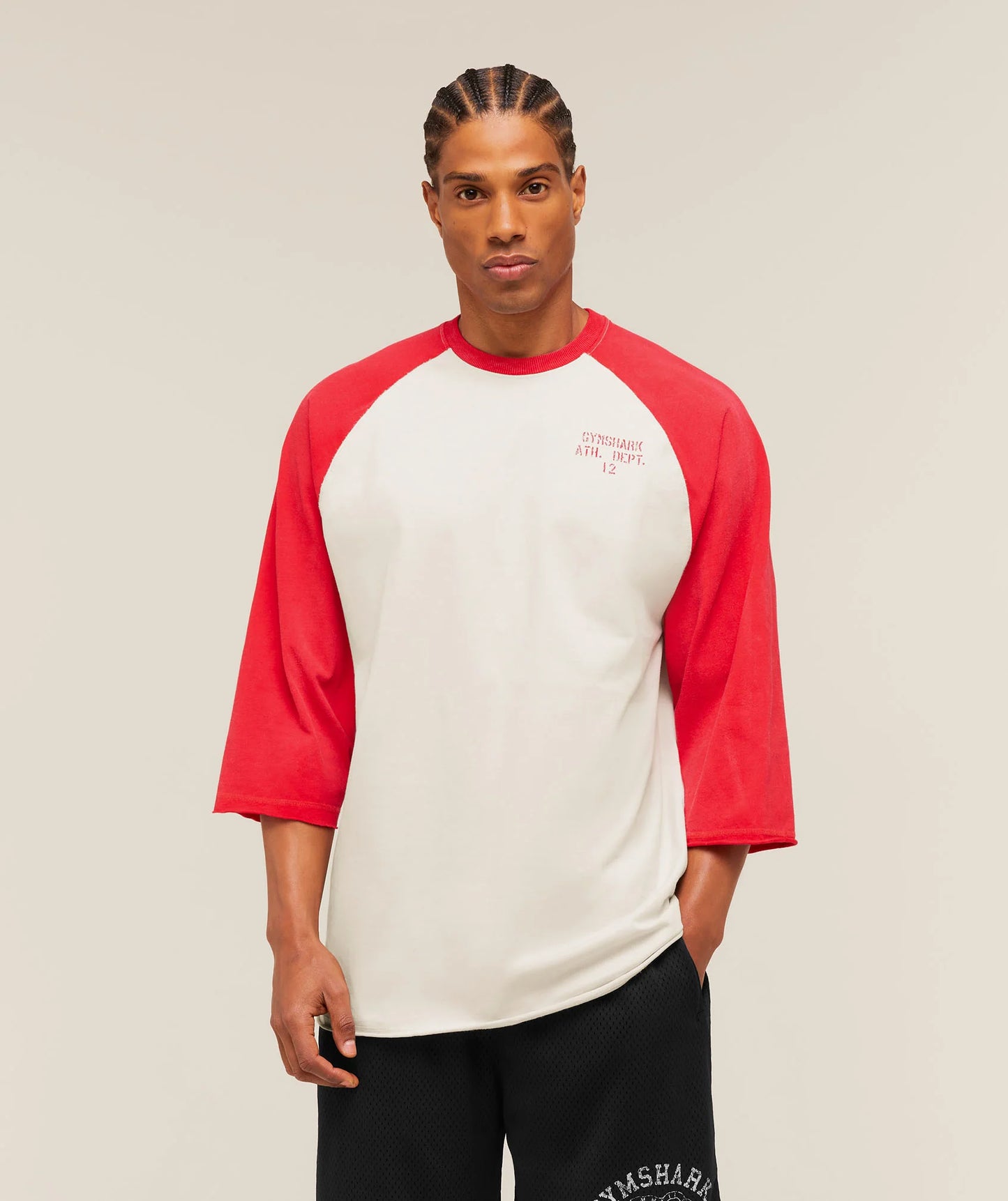 GYMSHARK Retro Collegiate 3/4 Sleeve T-Shirt White/Red