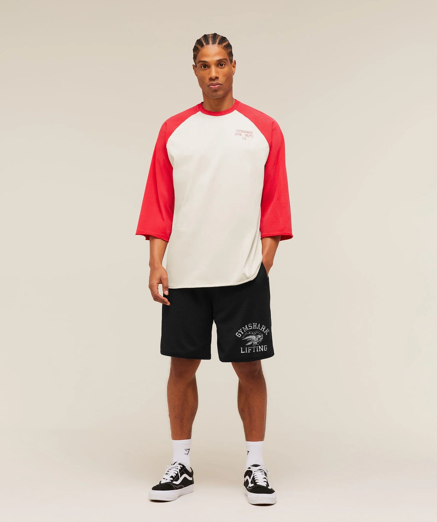 GYMSHARK Retro Collegiate 3/4 Sleeve T-Shirt White/Red