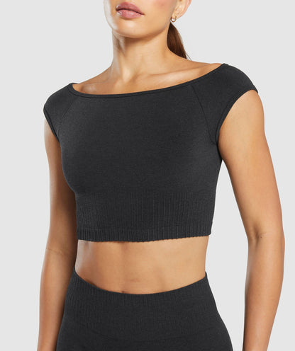 Women's Gymshark Luxe Seamless Boat Neck Crop Top Coal Marl — Gymshark | Authentic India