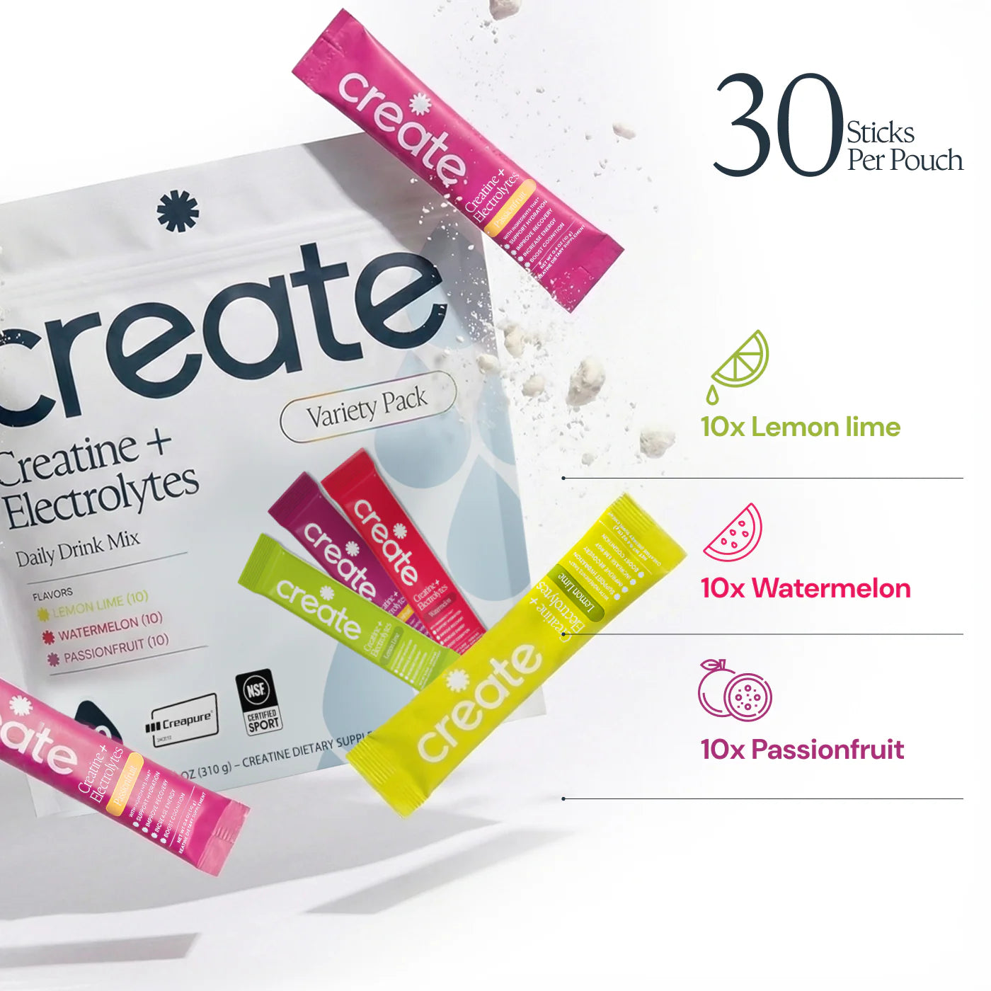 CREATE Creatine + Electrolytes Mix Variety Pack 'Watermelon, Passionfruit, Lemon Lime'