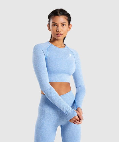 GYMSHARK Vital Seamless Long Sleeve Crop Top Blue — GYMSHARK S | Authentic India