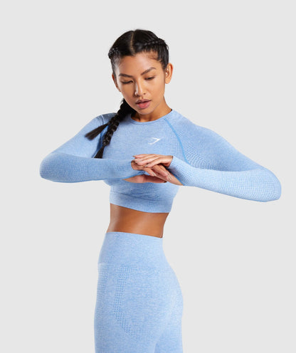 GYMSHARK Vital Seamless Long Sleeve Crop Top Blue — GYMSHARK S | Authentic India