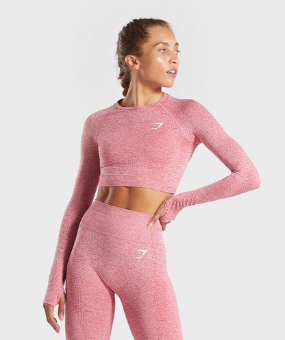 GYMSHARK Vital Seamless Long Sleeve Crop Top Pink Marl — GYMSHARK S | Authentic India