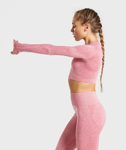 GYMSHARK Vital Seamless Long Sleeve Crop Top Pink Marl — GYMSHARK S | Authentic India