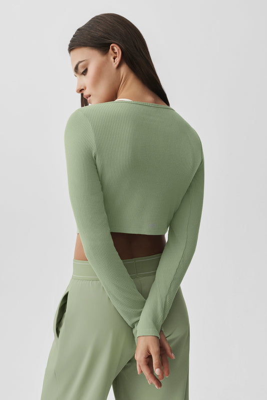 Ribbed Cropped Whisper Cardigan - Dune Grass