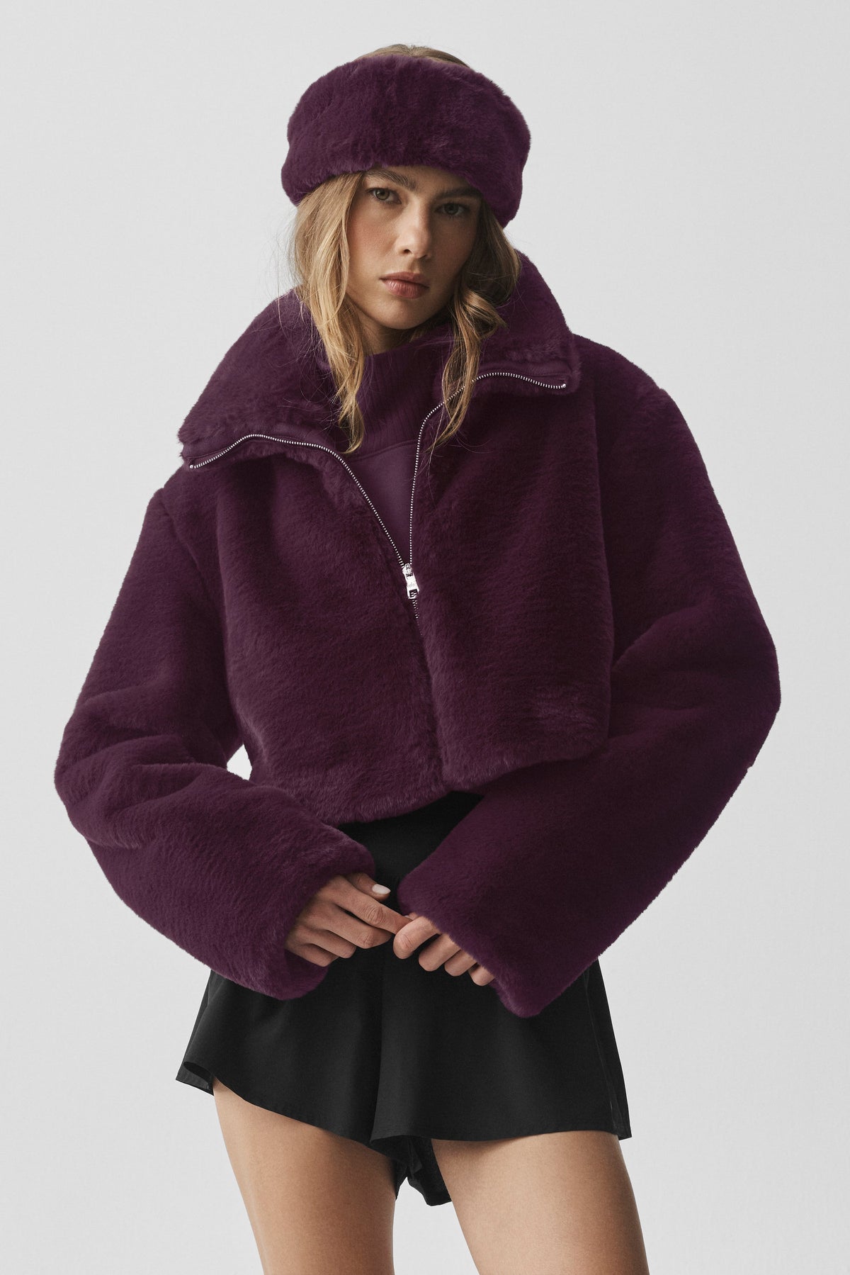 Faux Fur Cropped Amore Jacket - Rich Bordeaux