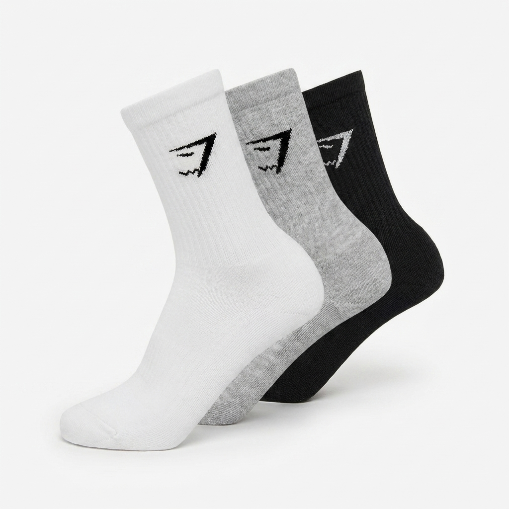 GYMSHARK Crew Socks 3pk White/Light Grey Core Marl/Black