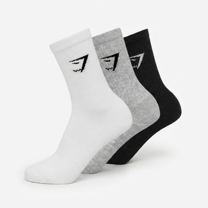 GYMSHARK Crew Socks 3pk White/Light Grey Core Marl/Black